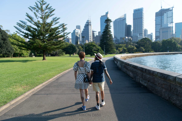 Couple enjoying a walk through the Royal Botanic Garden Sydney